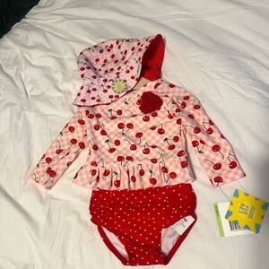Little Me Red Cherry Rashguard 2 piece swimsuit with matching Sun Hat.